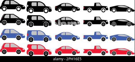 Blue, Red, Black Car icons collection. Vector illustration in flat style. Urban, city cars and vehicles transport concept. Isolated on white backgroun Stock Vector