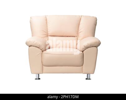 Stylish beige leather sofa on white background Stock Photo