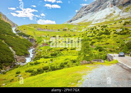 Stelvio mountain pass or Stilfser Joch scenic road view, border of Italy and Switzerland Stock Photo