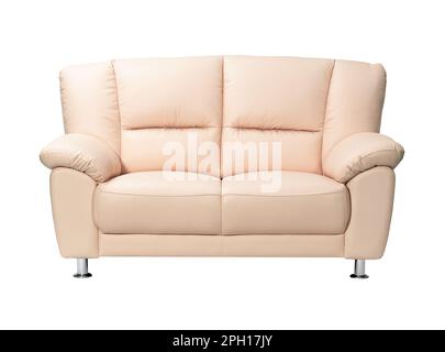 Stylish beige leather sofa on white background Stock Photo