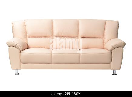 Stylish beige leather sofa on white background Stock Photo