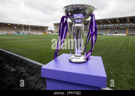 Newcastle on Saturday 25th March 2023. The trophy stand on it's plinth before the Tik Tok Women's Six Nations match between England Women and Scotland Women at Kingston Park, Newcastle on Saturday 25th March 2023. (Photo: Chris Lishman | MI News) Credit: MI News & Sport /Alamy Live News Stock Photo