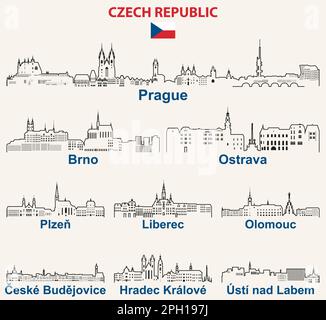Czech Republic cities outline skylines vector set Stock Vector