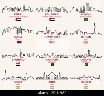 Asian cities outline skylines vector set Stock Vector