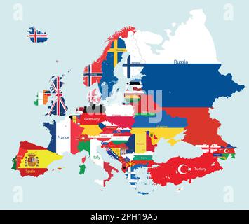 Europe map with countries flags incorporated inside countries contours. Flat style vector illustration. All elements separated in detachable and edita Stock Vector