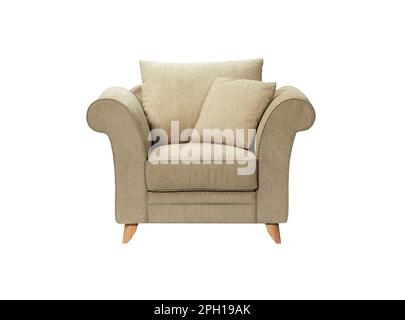 Comfortable and stylish linen fabric sofa isolated on white background Stock Photo