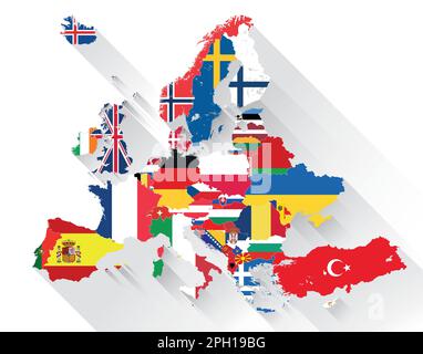 Europe map with countries flags incorporated inside. Flat style vector illustration with drop shadow. All elements separated in detachable and editabl Stock Vector
