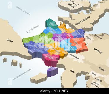 France regions with departments isometric map with neighbouring countries Stock Vector