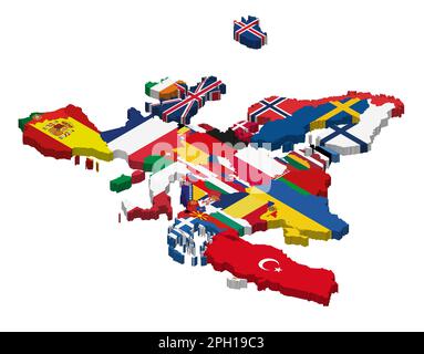 Europe 3d (isometric) map with national flags incorporated inside countries borders Stock Vector