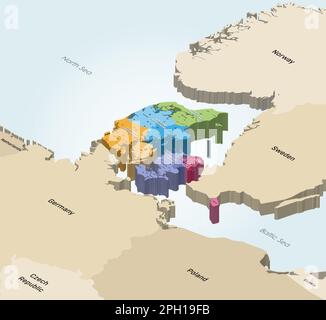Denmark provinces isometric map colored by regions with largest cities on it. Neighbouring countries on background Stock Vector