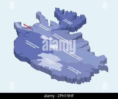 Iceland 3d (isometric) map colored by regions on light blue background Stock Vector