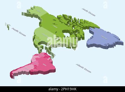 North and South America 3d (isometric) map on light blue background Stock Vector