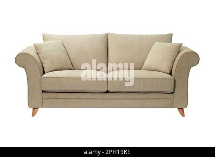 Comfortable and stylish linen fabric sofa isolated on white background Stock Photo