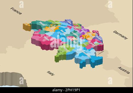 Cantons of Switzerland isometric colorful detailed vector map with neighbouring countries Stock Vector