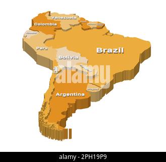 South America 3d (isometric) multilevel map with volumetric inscriptions Stock Vector