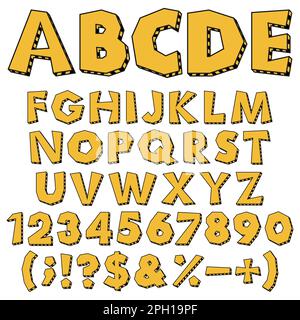 Colored chopped alphabet, numbers and signs with warning markings. Isolated vector objects on white background. Stock Vector