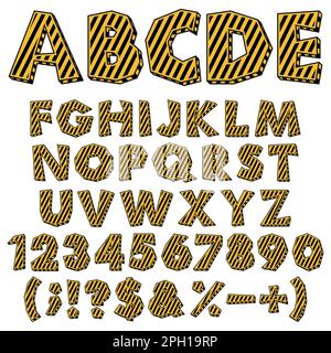 Colored chopped alphabet, numbers and signs with warning markings. Isolated vector objects on white background. Stock Vector