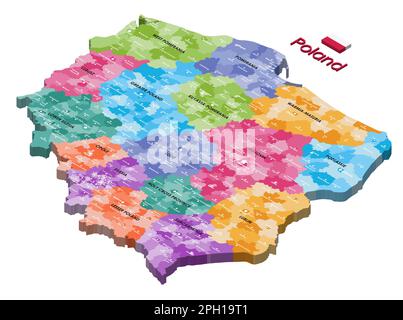 Poland administrative divisions isometric map colored by voivodeships Stock Vector