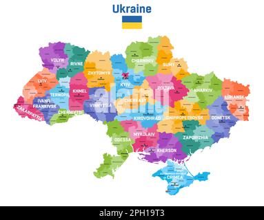 Ukraine map colored by administrative divisions (oblasts and raions) with inscriptions and capital cities. Flag of Ukraine Stock Vector