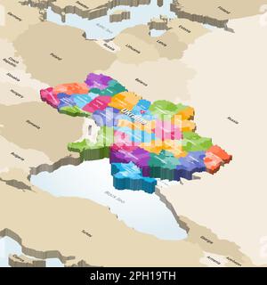 Ukraine isometric vector map colored by administrative divisions (oblasts and raions) with neighbouring countries Stock Vector