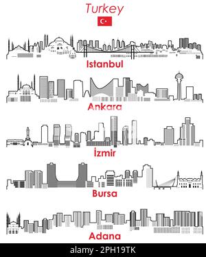 Turkey cities outline skylines vector set Stock Vector