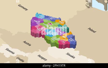 Czech Republic districts colored by regions isometric map with neighbouring countries Stock Vector