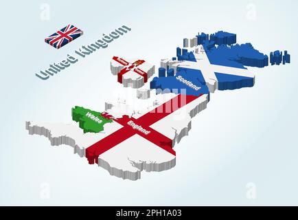 United Kingdom isometric map with flags incorporated inside countries' silhouettes Stock Vector