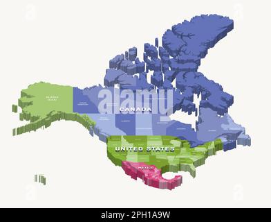 United States, Canada and Mexico 3d (isometric) colorful map with states borders and names Stock Vector