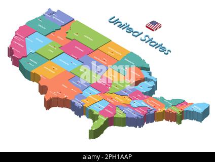 United States isometric multilevel colorful map with states capitals and largest cities on it Stock Vector