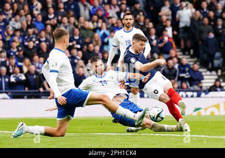 Scotland's Ryan Christie shoots at goal during the UEFA Euro 2024 Group A qualifying match at Hampden Park, Glasgow. Picture date: Saturday March 25, 2023. Stock Photo