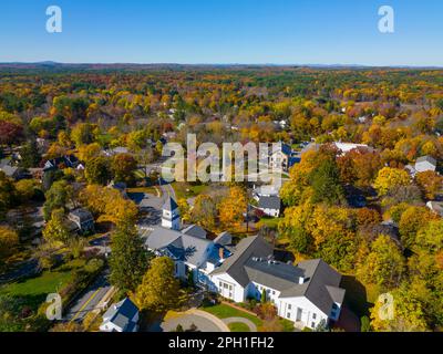 Acton Town Green aerial view in fall in historic town center of Acton, Massachusetts MA, USA. Stock Photo