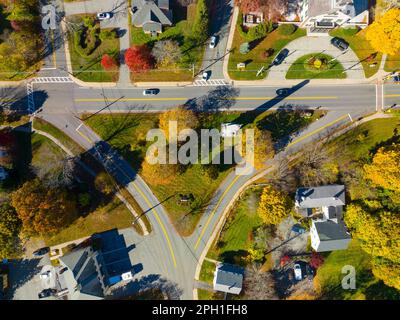 Acton Town Green aerial view in fall in historic town center of Acton, Massachusetts MA, USA. Stock Photo