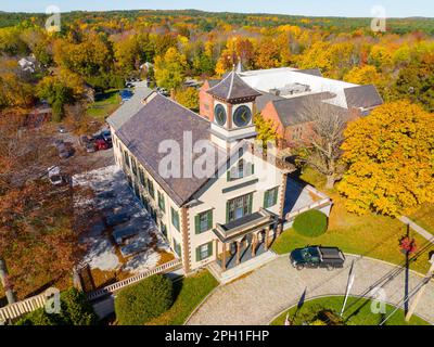 Acton Town Hall aerial view in 472 Main Street in historic town center of Acton, Massachusetts MA, USA. Stock Photo