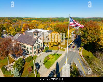 Acton Town Hall aerial view in 472 Main Street in historic town center of Acton, Massachusetts MA, USA. Stock Photo