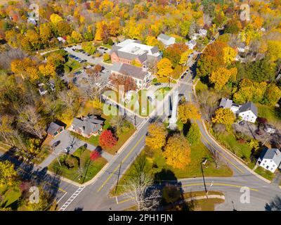 Acton Town Green aerial view in fall in historic town center of Acton, Massachusetts MA, USA. Stock Photo