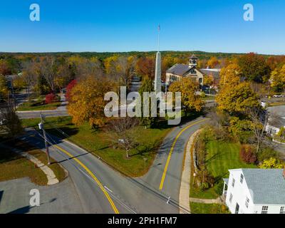 Acton Town Green aerial view in fall in historic town center of Acton, Massachusetts MA, USA. Stock Photo