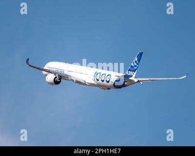 Moscow Russia Zhukovsky Airfield 25 July 2021: Passenger aircraft Airbus A350 in the demonstration flight of the international aerospace salon MAKS-20 Stock Photo