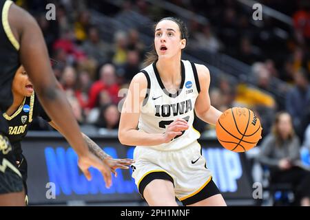 March 24, 2023: Iowa Hawkeyes guard Caitlin Clark (22) looks to the hoop during the NCAA women's NCAA Regional Semifinal basketball game between the Colorado Buffaloes and Iowa Hawkeyes at Climate Pledge Arena in Seattle, WA. Iowa defeated Colorado 87-77 to advance to the the Elite 8. Steve Faber/CSM Stock Photo