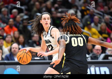 March 24, 2023: Iowa Hawkeyes guard Caitlin Clark (22) during the NCAA women's NCAA Regional Semifinal basketball game between the Colorado Buffaloes and Iowa Hawkeyes at Climate Pledge Arena in Seattle, WA. Iowa defeated Colorado 87-77 to advance to the the Elite 8. Steve Faber/CSM Stock Photo