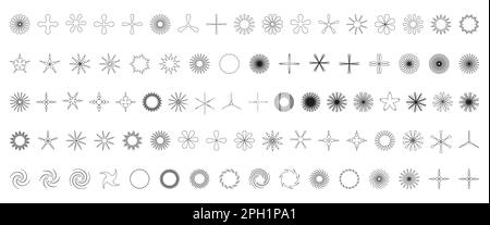 Simple minimalistic outline elements, abstract brutalist geometric shapes. Basic form Y2K figure star, flower, grain, crystal, swirl. Swiss primitive Stock Vector