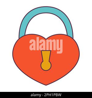 Retro 70s Groovy Hippie sticker lock heart. Psychedelic cartoon element -funky illustration in vintage hippy style. Vector flat illustration for Stock Vector