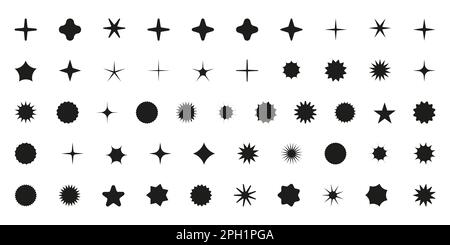 Simple minimalistic black elements, abstract brutalist geometric shapes. Basic form Y2K figure star, sparkle, rhombus, wavy circle. Swiss primitive Stock Vector