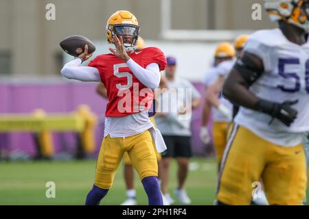 August 4, 2023: LSU quarterback Jayden Daniels (5) looks to throw a pass  during the first week of fall football camp at the LSU Charles McClendon  Practice Facility in Baton Rouge, LA.