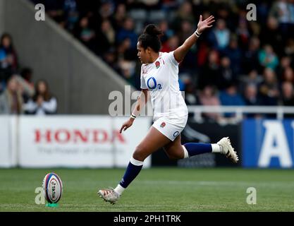 England's Lagi Tuima converts during the TikTok Women's Six Nations match at Kingston Park, Newcastle-upon-Tyne. Picture date: Saturday March 25, 2023. Stock Photo