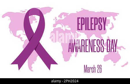 Concept of Epilepsy awareness day, Purple Day on March 26. Vector illustration of world map with awareness ribbon and text for social poster, banner, Stock Vector