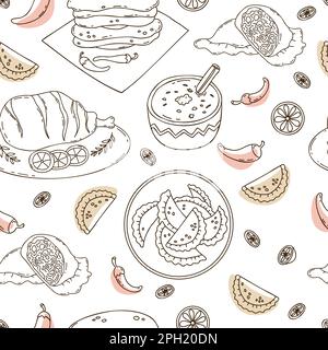 Seamless pattern with Mexican Empanadas, tortillas with chili peppers, grilled meat and rice pudding with cinnamon stick on white background. Vector i Stock Vector