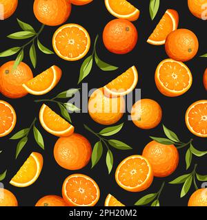Seamless pattern with orange fruit and green leaves on a black background. Vector illustration Stock Vector