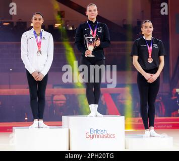 Exhibition Centre, Liverpool, UK. 25th Mar, 2023. British Gymnastics Championships Day 3; Women's Individual All-Around Final gold medallist - Alice Kinsella (Parc Wrekin) (centre), silver medallist - Ondine Achampong (Aylesbury GC)(left), bronze medallist - Georgia-Mae Fenton (SOuth Essex GC) (right) Credit: Action Plus Sports/Alamy Live News Stock Photo