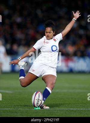 England's Lagi Tuima converts during the TikTok Women's Six Nations match at Kingston Park, Newcastle-upon-Tyne. Picture date: Saturday March 25, 2023. Stock Photo