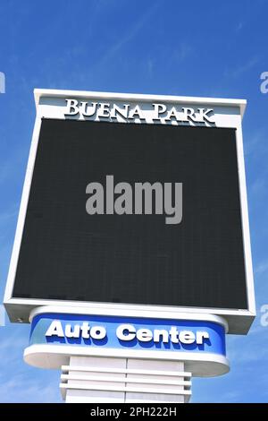 BUENA PARK, CALIFORNIA - 24 MAR 2023: Closeup of the electronic sign at the Buena Park Auto Center. Stock Photo